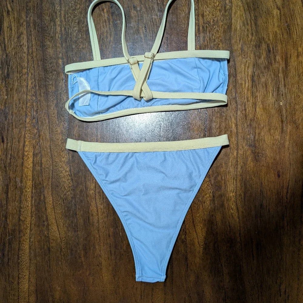 Light Blue Bikini Set with Cream Trim - Women's Swimwear